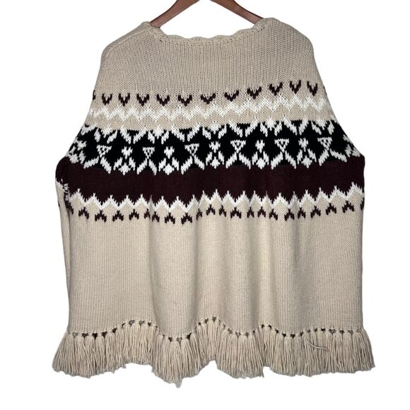 Moda Intl Wool Blend Fair Isle Poncho Shawl Wrap Fringes Size S Beige Black Boho - Picture 6 of 15